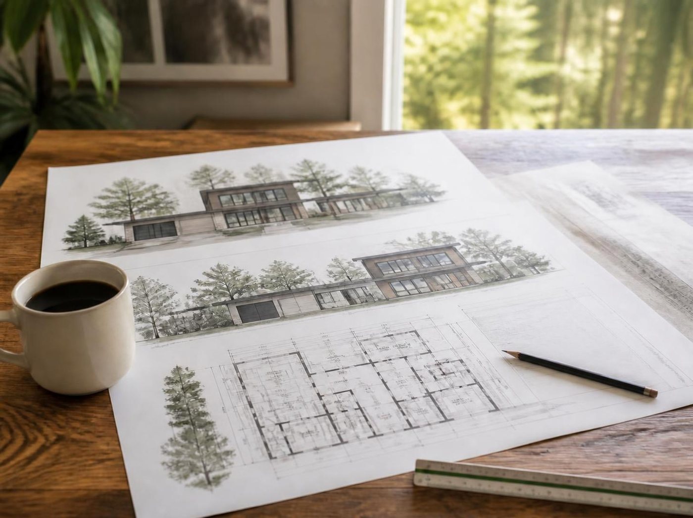 Architectural elevations and a floor plan for a West Coast style custom home on a wood table, with a coffee cup, pencil and scale ruler, and forest outside the window