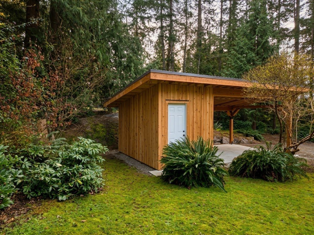 Vertical cedar siding and a white door on the new shed, with the carport roof extending to the right among ferns and tall trees