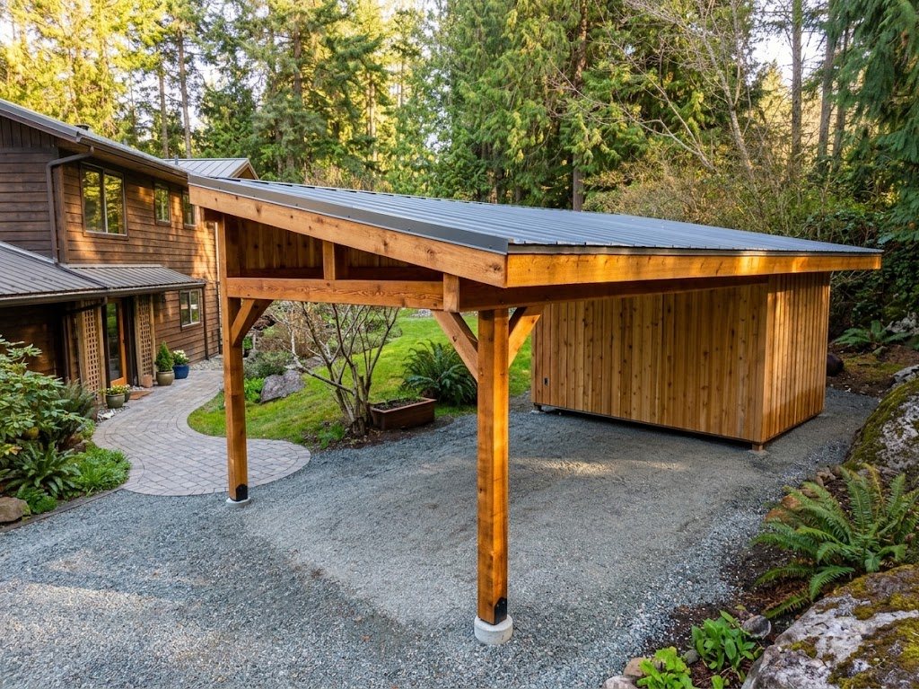 Cedar-clad shed and timber-frame carport under one standing-seam metal roof in Wilson Creek, with the house and a paver path behind