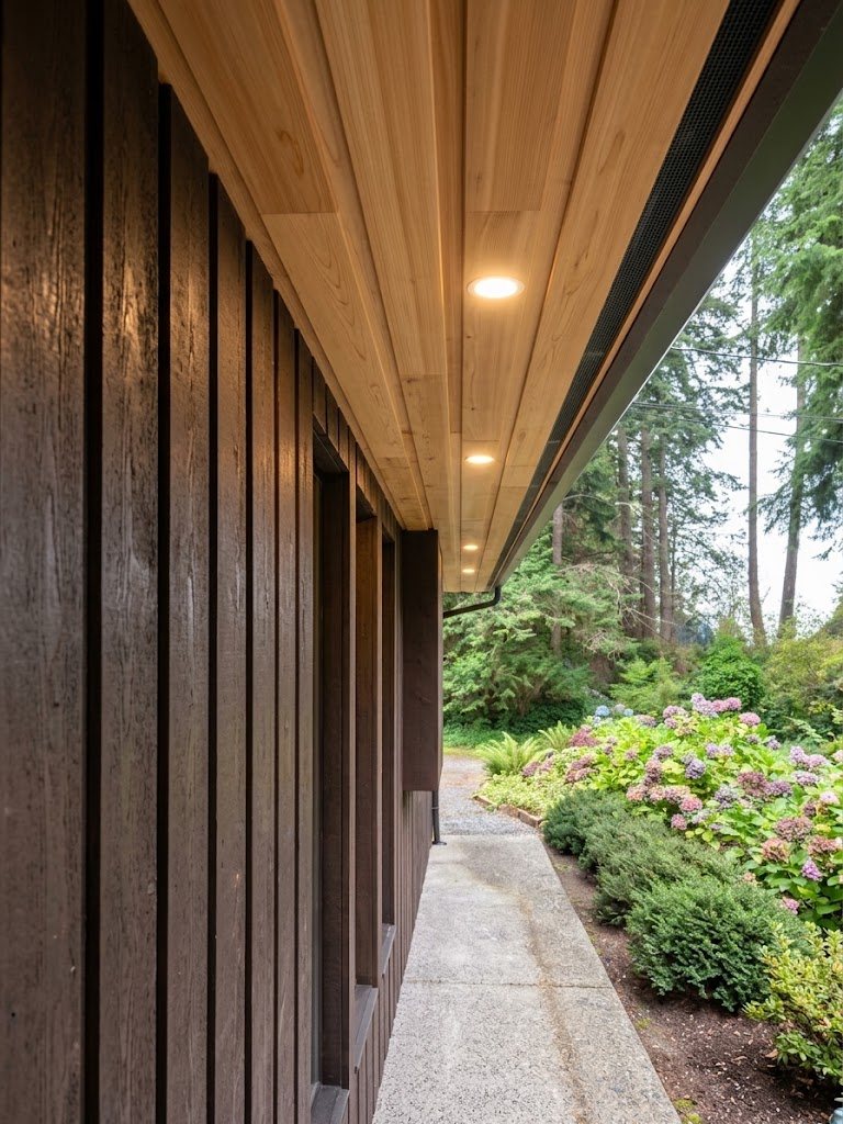 Cedar soffit with slim recessed LED lights running along dark board-and-batten siding, with the concealed gutter at the deck edge